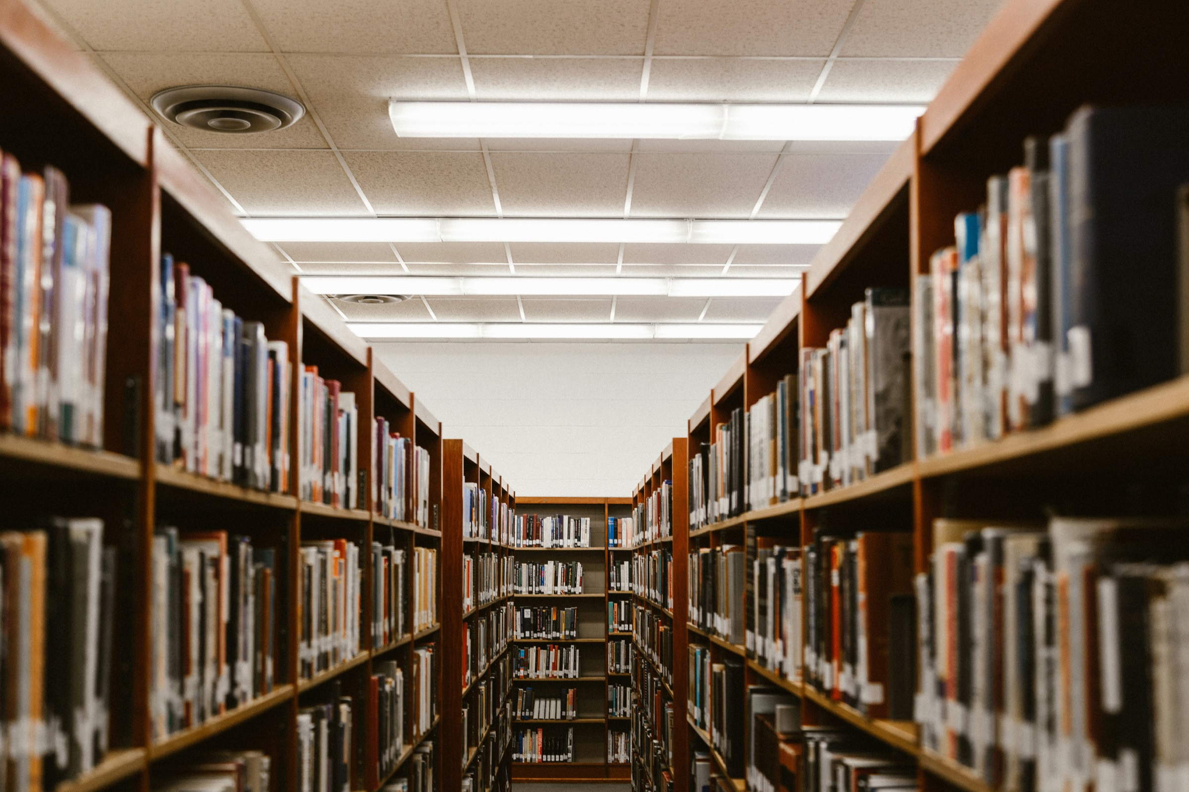 A school library aisle lined with books